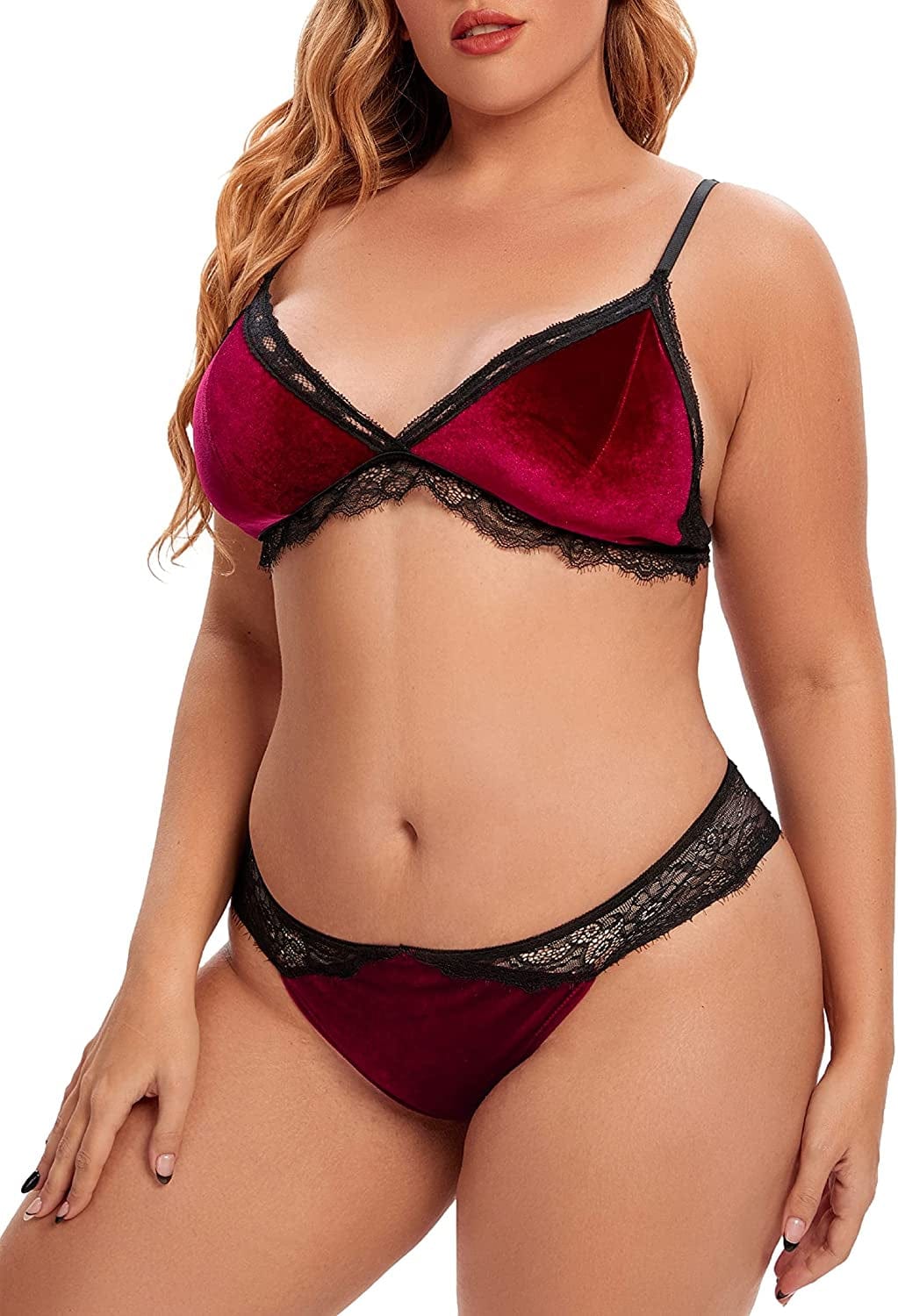 Plus Size Crushed Velvet Lingerie for Women, Sexy Contrast Lace Eyelash Trim Bra and Panty 2 Piece Set L-4XL Wine / X-Large