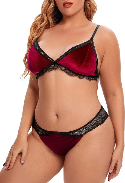 Plus Size Crushed Velvet Lingerie for Women, Sexy Contrast Lace Eyelash Trim Bra and Panty 2 Piece Set L-4XL Wine / X-Large