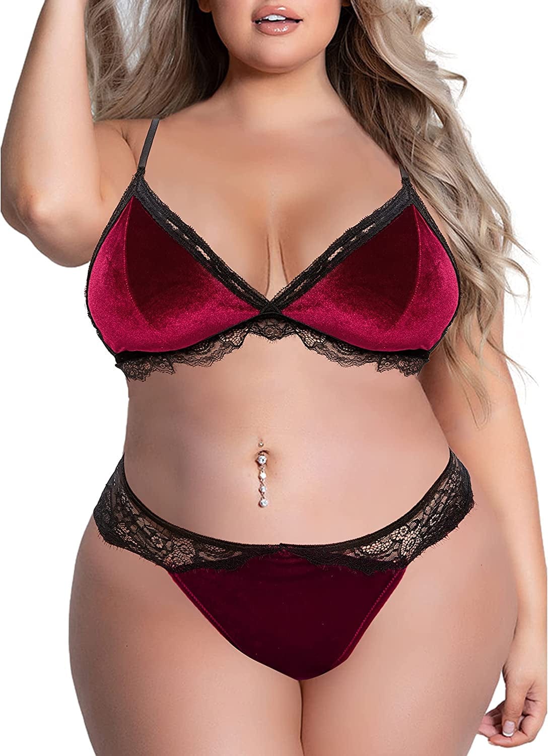Plus Size Crushed Velvet Lingerie for Women, Sexy Contrast Lace Eyelash Trim Bra and Panty 2 Piece Set L-4XL Wine / X-Large