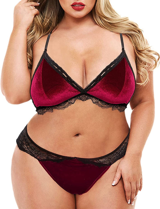 Plus Size Crushed Velvet Lingerie for Women, Sexy Contrast Lace Eyelash Trim Bra and Panty 2 Piece Set L-4XL Wine / X-Large
