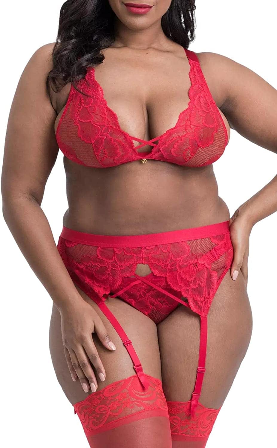 Plus Size Lingerie Set for Women - Sexy See Thru Halter Lace Mesh Crop Bra Top High Waist Panty Suspender Outfit Red#1 / 3X-Large