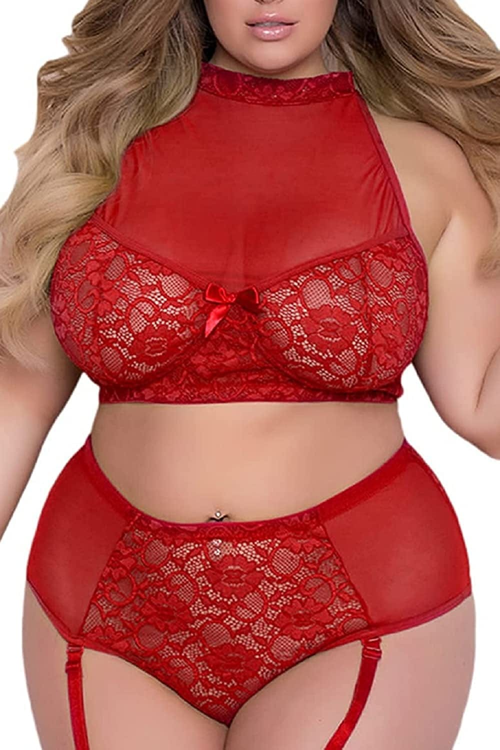 Plus Size Lingerie Set for Women - Sexy See Thru Halter Lace Mesh Crop Bra Top High Waist Panty Suspender Outfit Red / 4X-Large