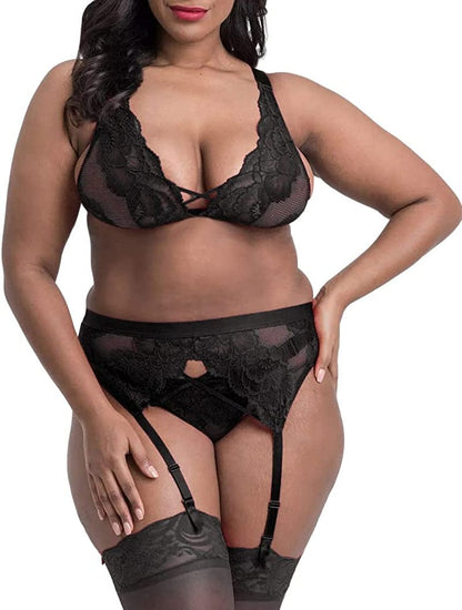 Plus Size Lingerie Set for Women - Sexy See Thru Halter Lace Mesh Crop Bra Top High Waist Panty Suspender Outfit Black#1 / X-Large