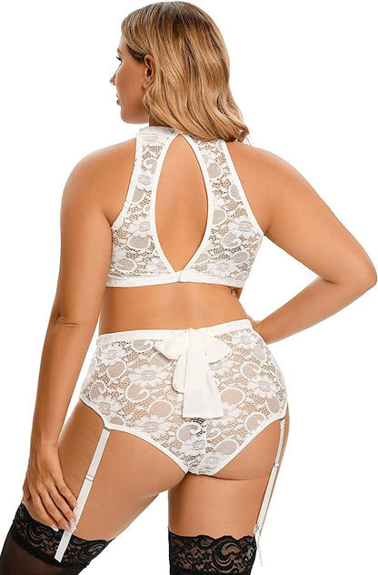 Plus Size Lingerie Set for Women - Sexy See Thru Halter Lace Mesh Crop Bra Top High Waist Panty Suspender Outfit