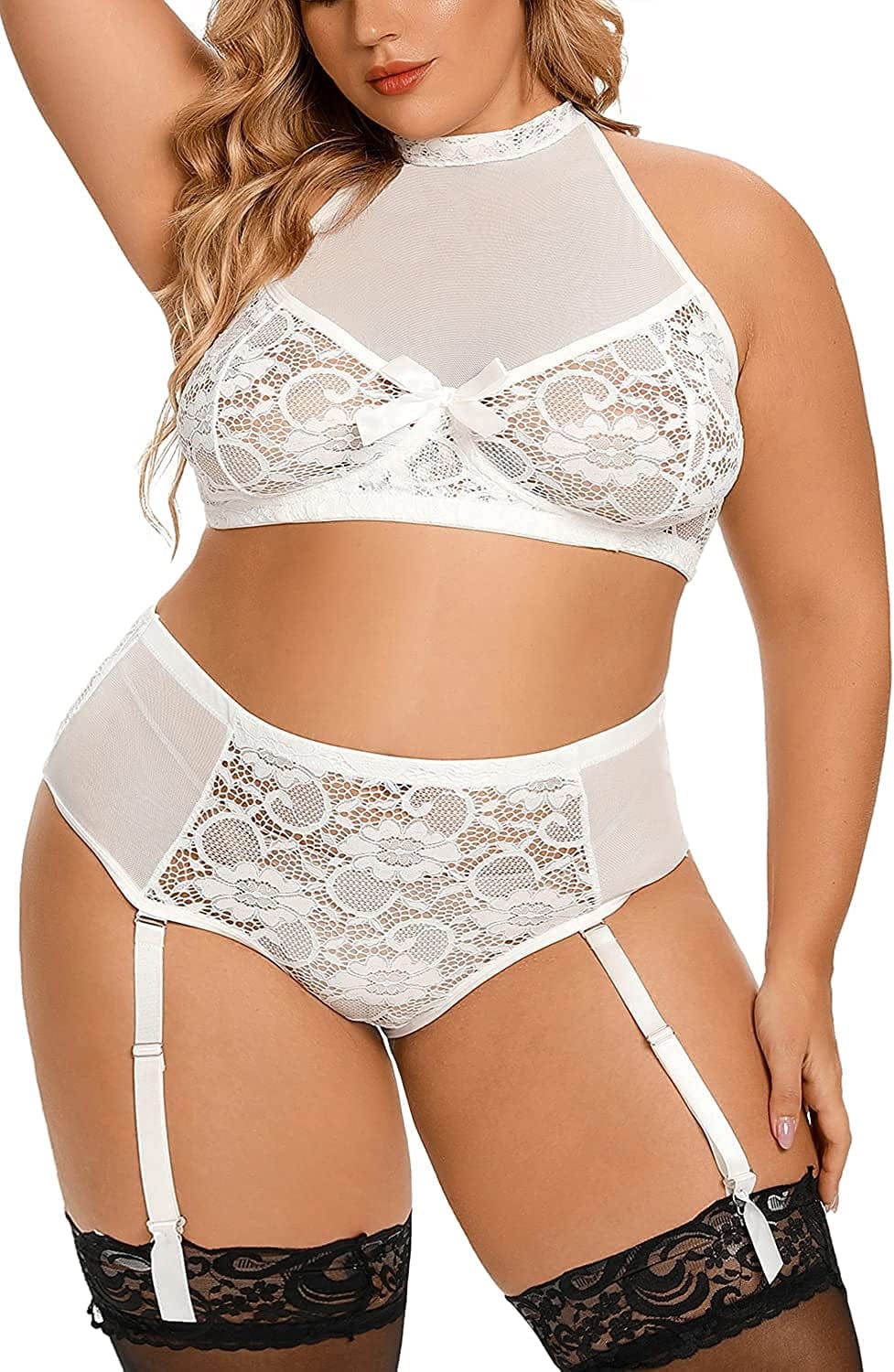 Plus Size Lingerie Set for Women - Sexy See Thru Halter Lace Mesh Crop Bra Top High Waist Panty Suspender Outfit