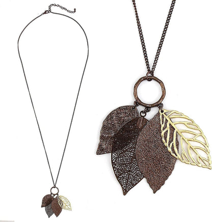 POMINA Gold Silver Two Tone Filigree Fall Leaf Pendant Long Necklace Chic Sweater Chain Statement Necklace for Women