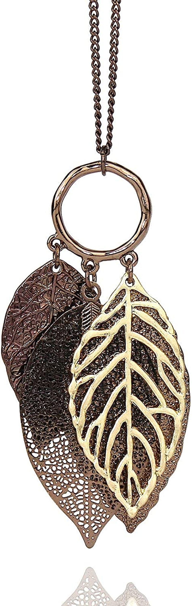 POMINA Gold Silver Two Tone Filigree Fall Leaf Pendant Long Necklace Chic Sweater Chain Statement Necklace for Women