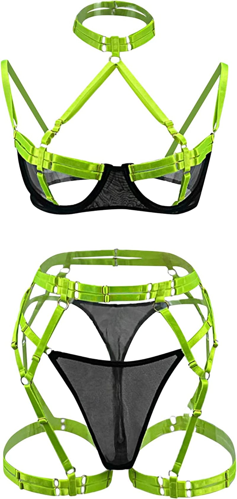 Popiv Women'S Strappy Neon Lingerie Mesh Bra and Panty Set Sexy Outfit Tops 4 Piece 18-black/Neonyellow / Medium