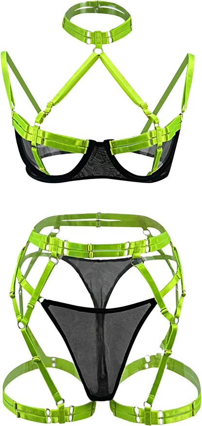Popiv Women'S Strappy Neon Lingerie Mesh Bra and Panty Set Sexy Outfit Tops 4 Piece 18-black/Neonyellow / Medium