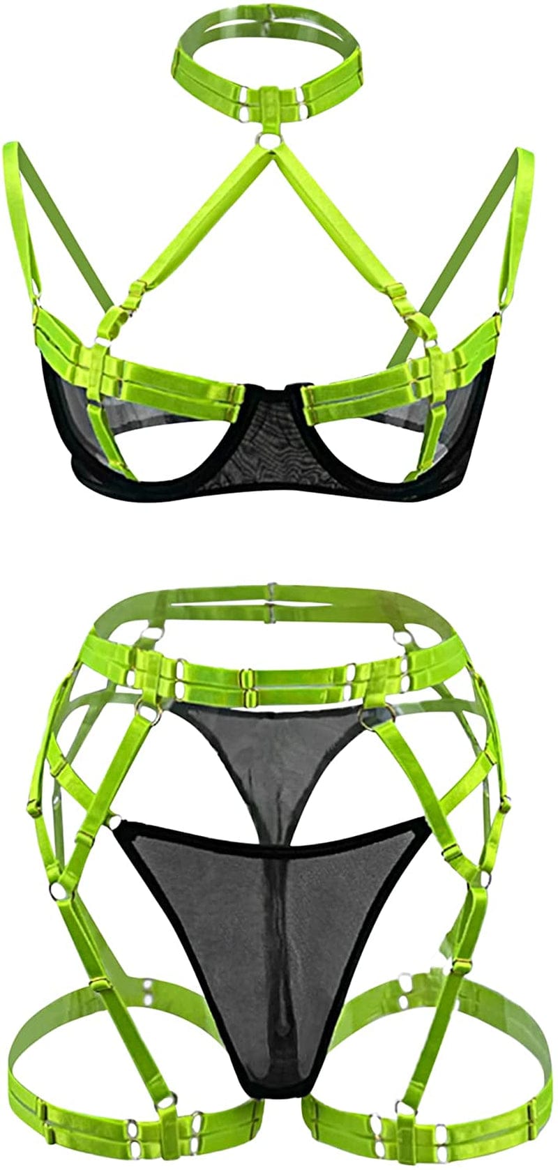 Popiv Women'S Strappy Neon Lingerie Mesh Bra and Panty Set Sexy Outfit Tops 4 Piece 18-black/Neonyellow / Small