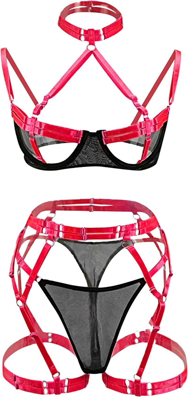 Popiv Women'S Strappy Neon Lingerie Mesh Bra and Panty Set Sexy Outfit Tops 4 Piece 18-black/Rose / Medium