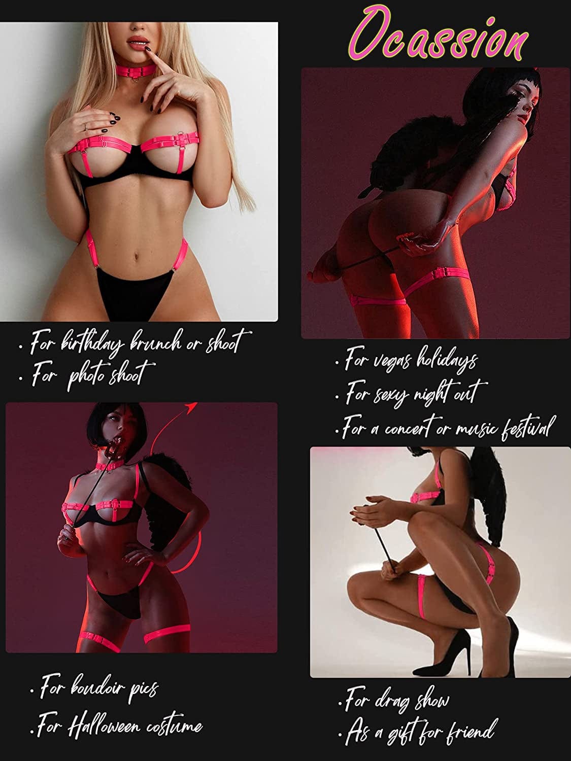 Popiv Women'S Strappy Neon Lingerie Mesh Bra and Panty Set Sexy Outfit Tops 4 Piece