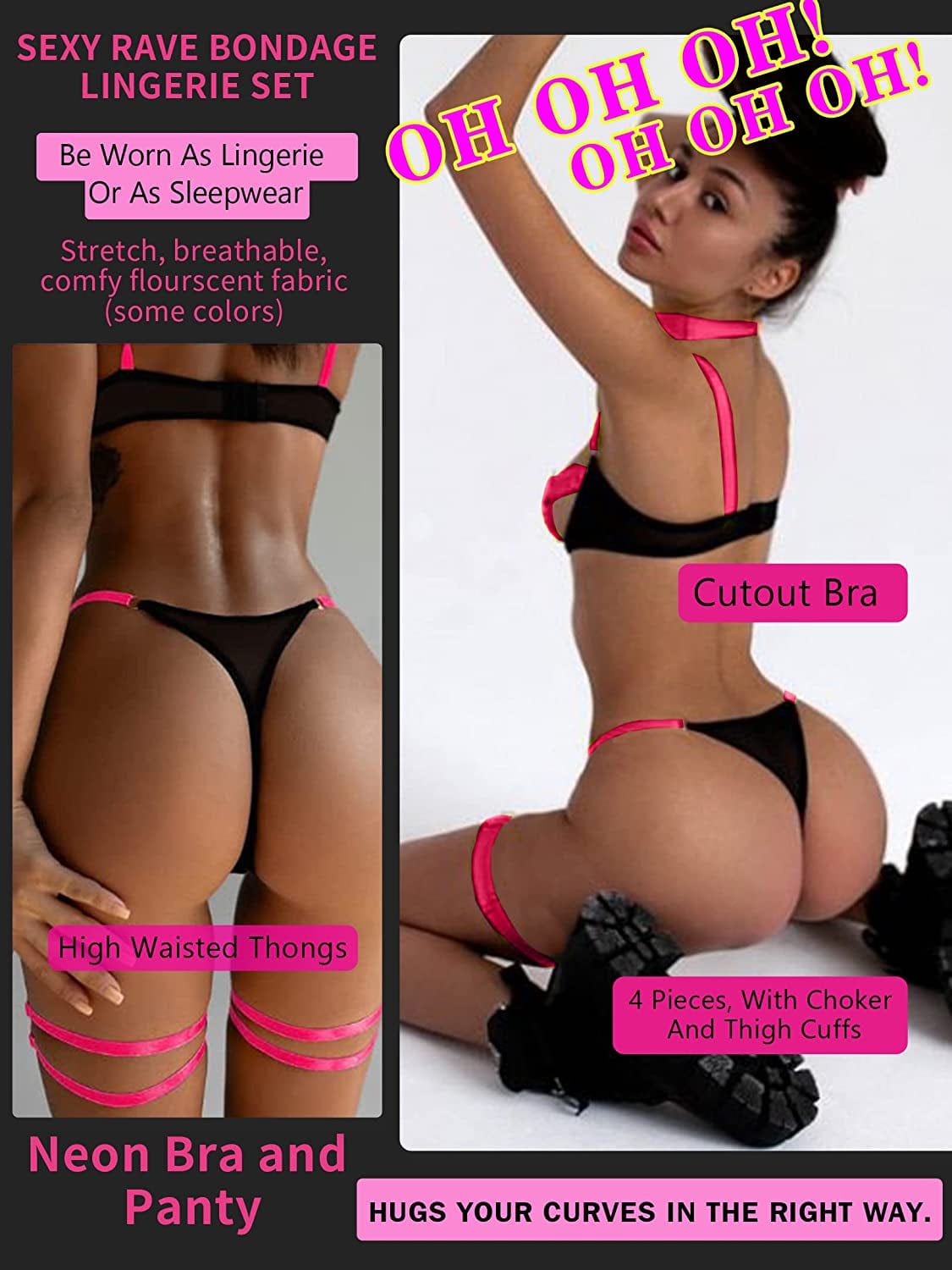 Popiv Women'S Strappy Neon Lingerie Mesh Bra and Panty Set Sexy Outfit Tops 4 Piece