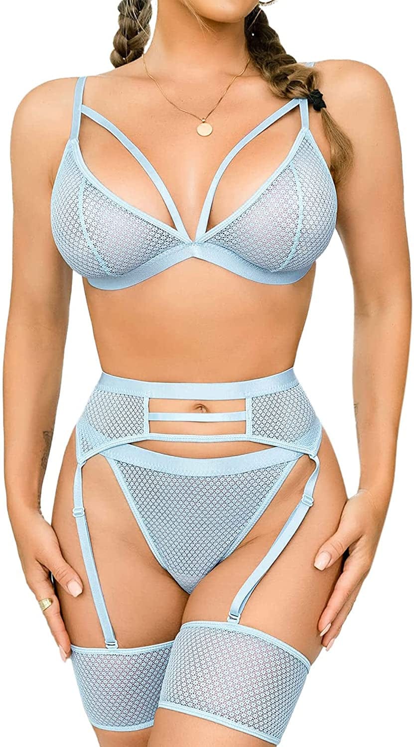 Popiv Women Sexy Lingerie Strappy Lace Garter Lingerie Sets High Waisted Sheer Mesh Lingerie Babyblue / XX-Large
