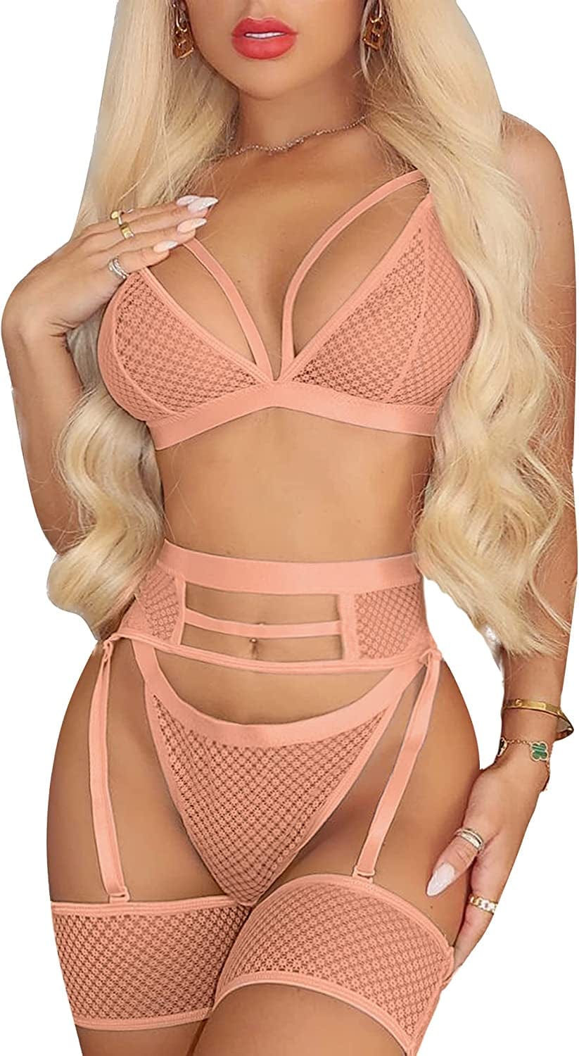 Popiv Women Sexy Lingerie Strappy Lace Garter Lingerie Sets High Waisted Sheer Mesh Lingerie Peachpink / XX-Large