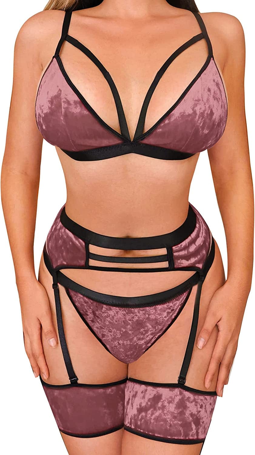Popiv Women Sexy Lingerie Strappy Lace Garter Lingerie Sets High Waisted Sheer Mesh Lingerie Velvetpink / XX-Large