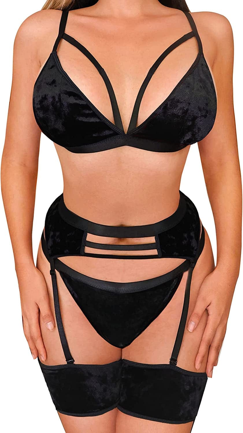 Popiv Women Sexy Lingerie Strappy Lace Garter Lingerie Sets High Waisted Sheer Mesh Lingerie Velvetblack / 3X-Large