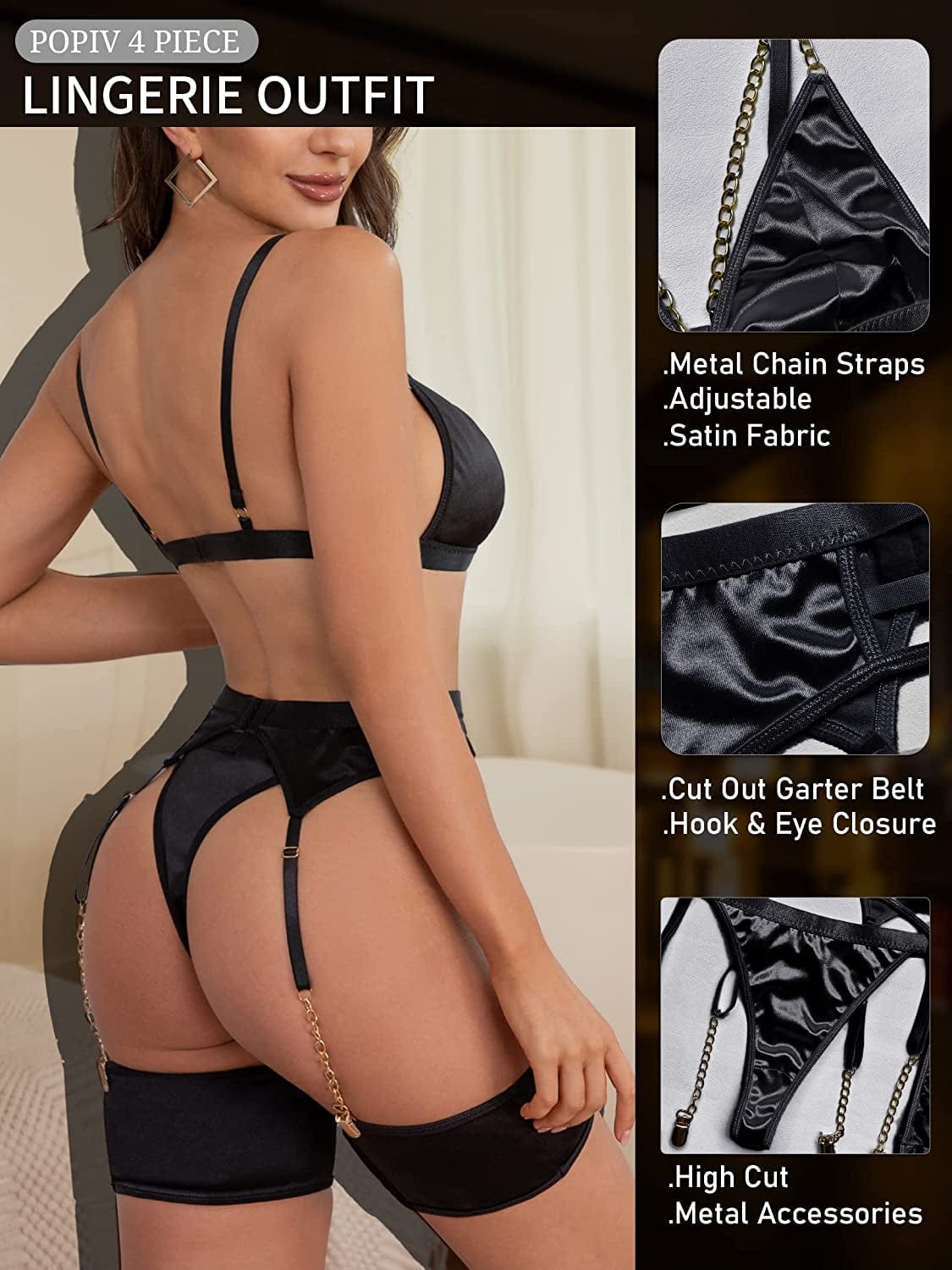 Popiv Women Sexy Lingerie Strappy Lace Garter Lingerie Sets High Waisted Sheer Mesh Lingerie