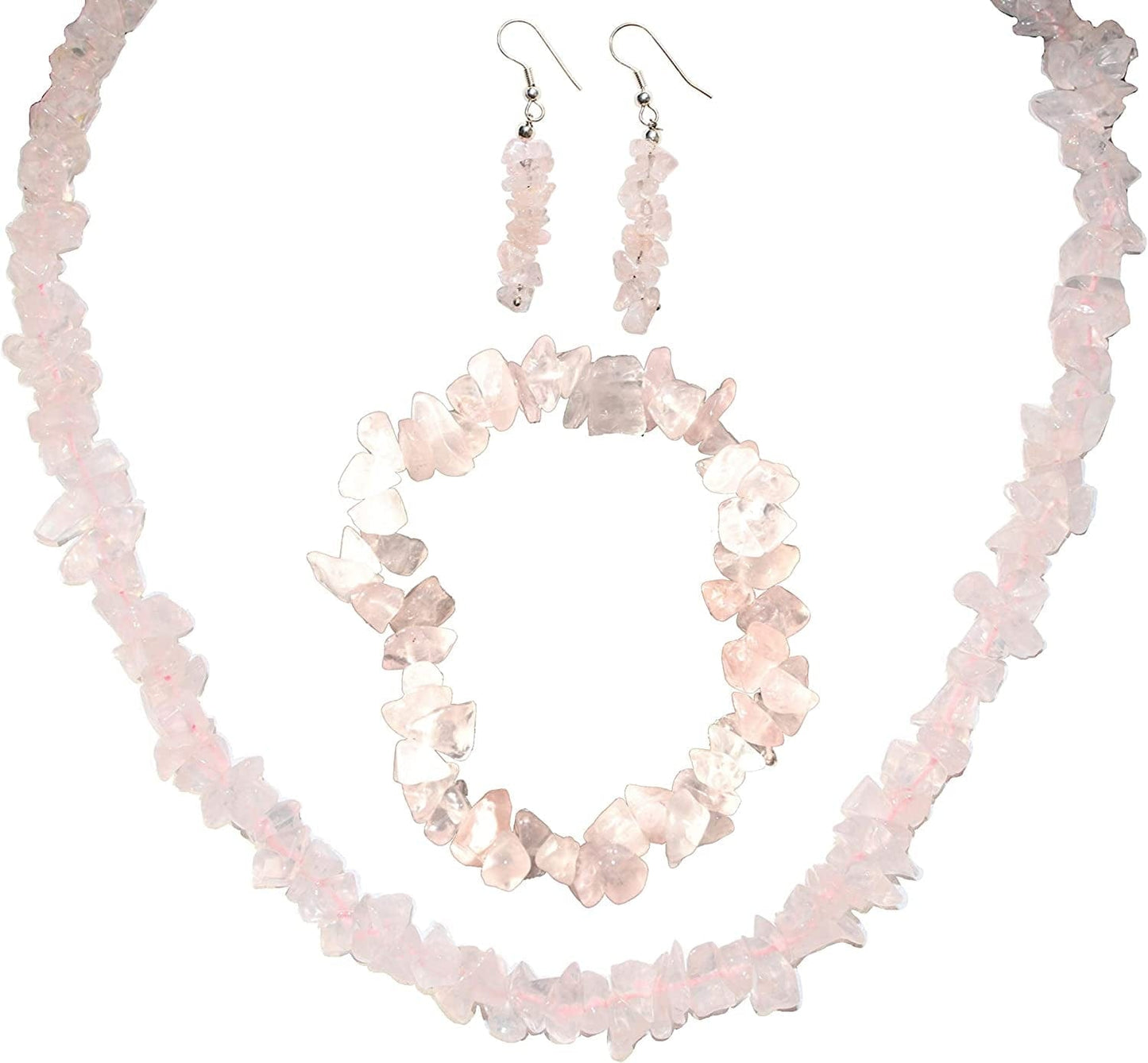 Premium Grade Himalayan Gemstone Crystal Chip Jewelry Set + Selenite Heart Charging Crystal (18" Necklace, 7" Bracelet, 2" Earrings) [Selenite Charged] rose-quartz