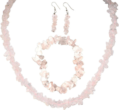 Premium Grade Himalayan Gemstone Crystal Chip Jewelry Set + Selenite Heart Charging Crystal (18" Necklace, 7" Bracelet, 2" Earrings) [Selenite Charged] rose-quartz