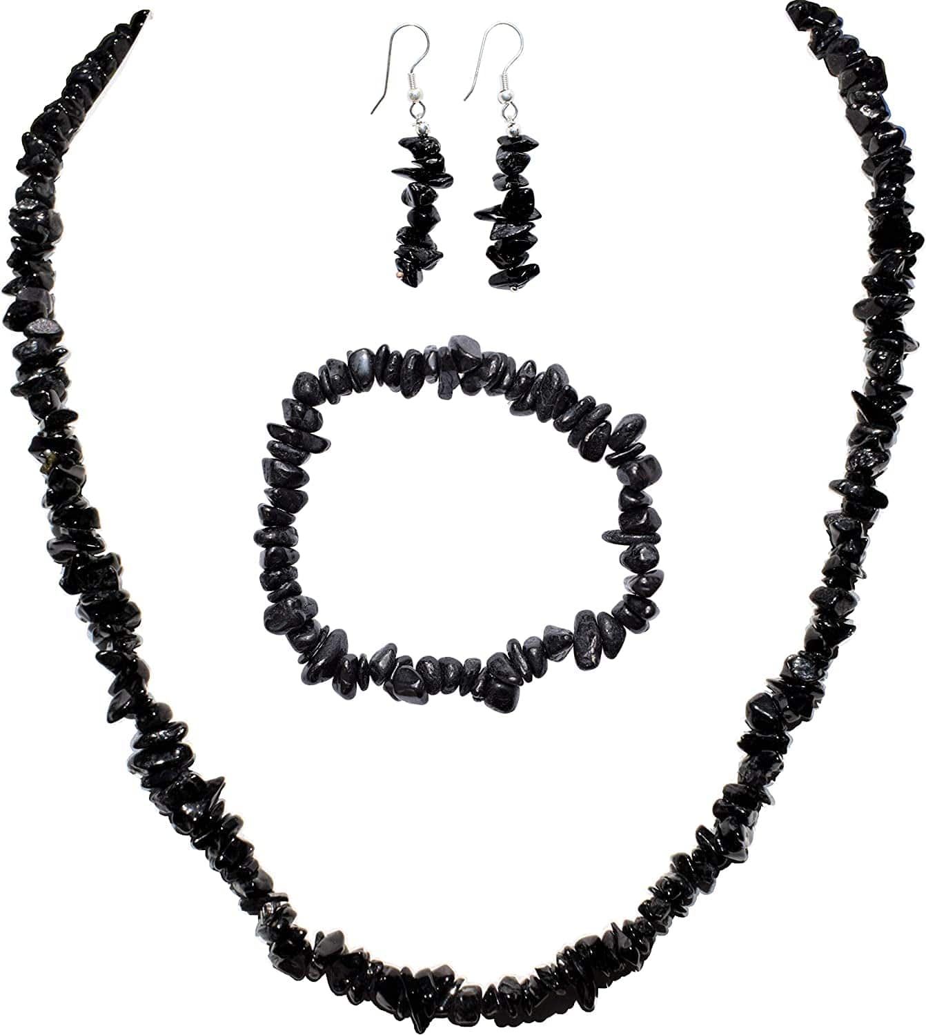 Premium Grade Himalayan Gemstone Crystal Chip Jewelry Set + Selenite Heart Charging Crystal (18" Necklace, 7" Bracelet, 2" Earrings) [Selenite Charged] black tourmaline