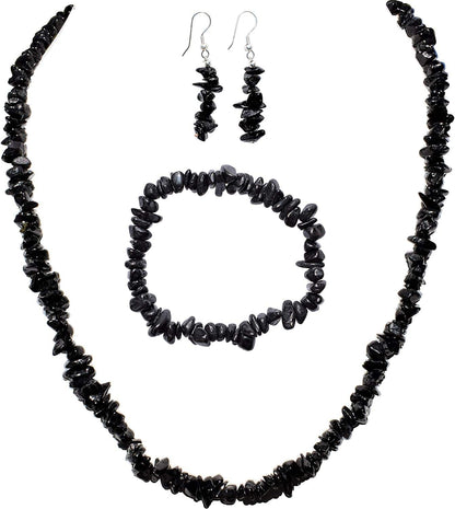Premium Grade Himalayan Gemstone Crystal Chip Jewelry Set + Selenite Heart Charging Crystal (18" Necklace, 7" Bracelet, 2" Earrings) [Selenite Charged] black tourmaline