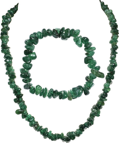 Premium Grade Himalayan Gemstone Crystal Chip Jewelry Set + Selenite Heart Charging Crystal (18" Necklace, 7" Bracelet, 2" Earrings) [Selenite Charged] green aventuine