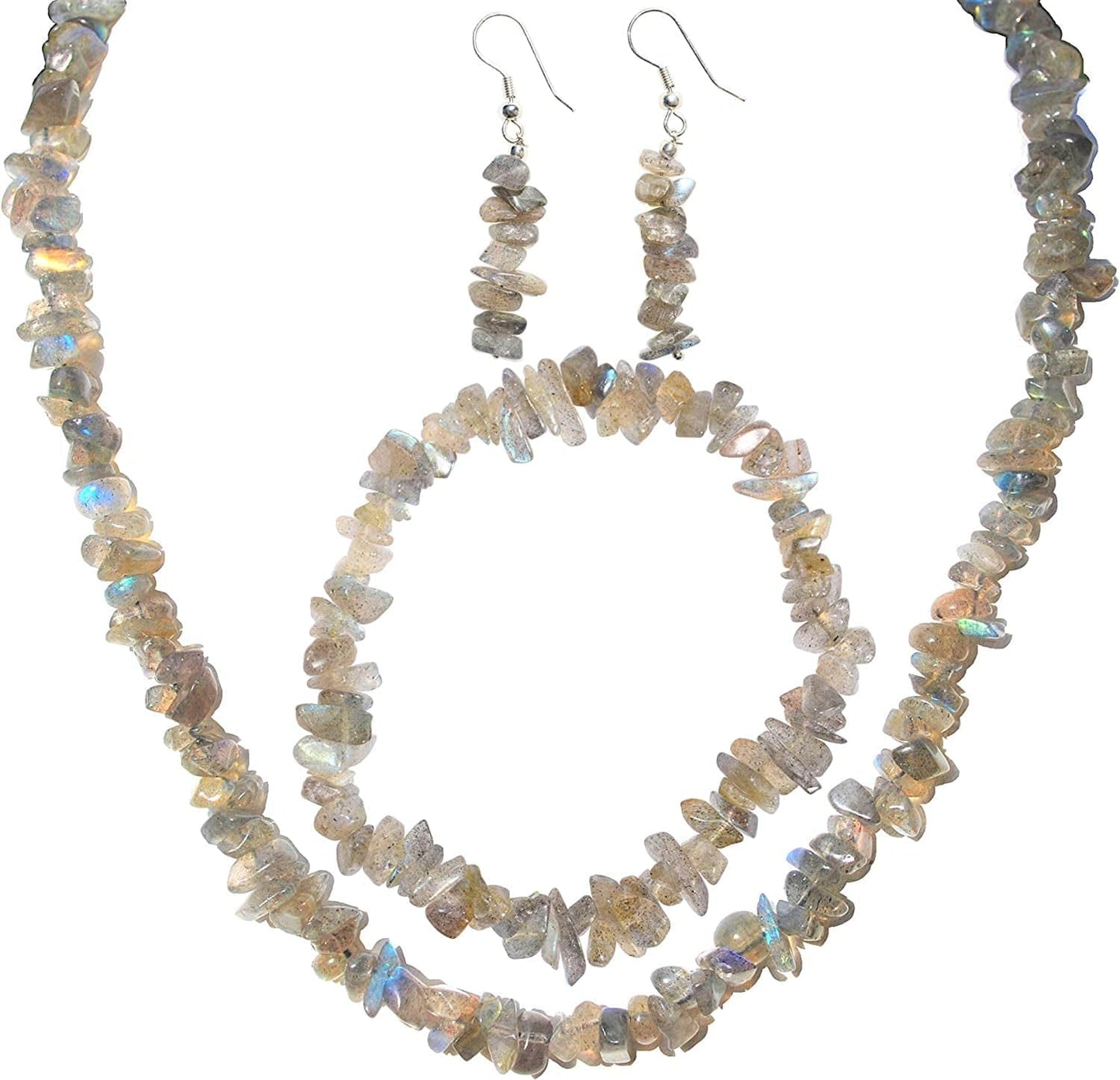 Premium Grade Himalayan Gemstone Crystal Chip Jewelry Set + Selenite Heart Charging Crystal (18" Necklace, 7" Bracelet, 2" Earrings) [Selenite Charged] labradorite