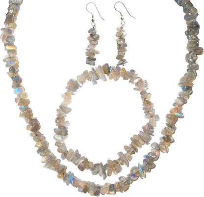 Premium Grade Himalayan Gemstone Crystal Chip Jewelry Set + Selenite Heart Charging Crystal (18" Necklace, 7" Bracelet, 2" Earrings) [Selenite Charged] labradorite