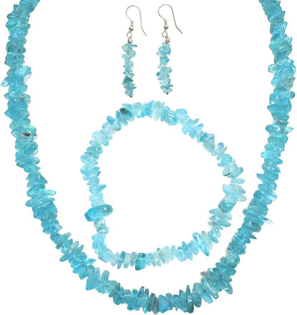 Premium Grade Himalayan Gemstone Crystal Chip Jewelry Set + Selenite Heart Charging Crystal (18" Necklace, 7" Bracelet, 2" Earrings) [Selenite Charged] blue apatite