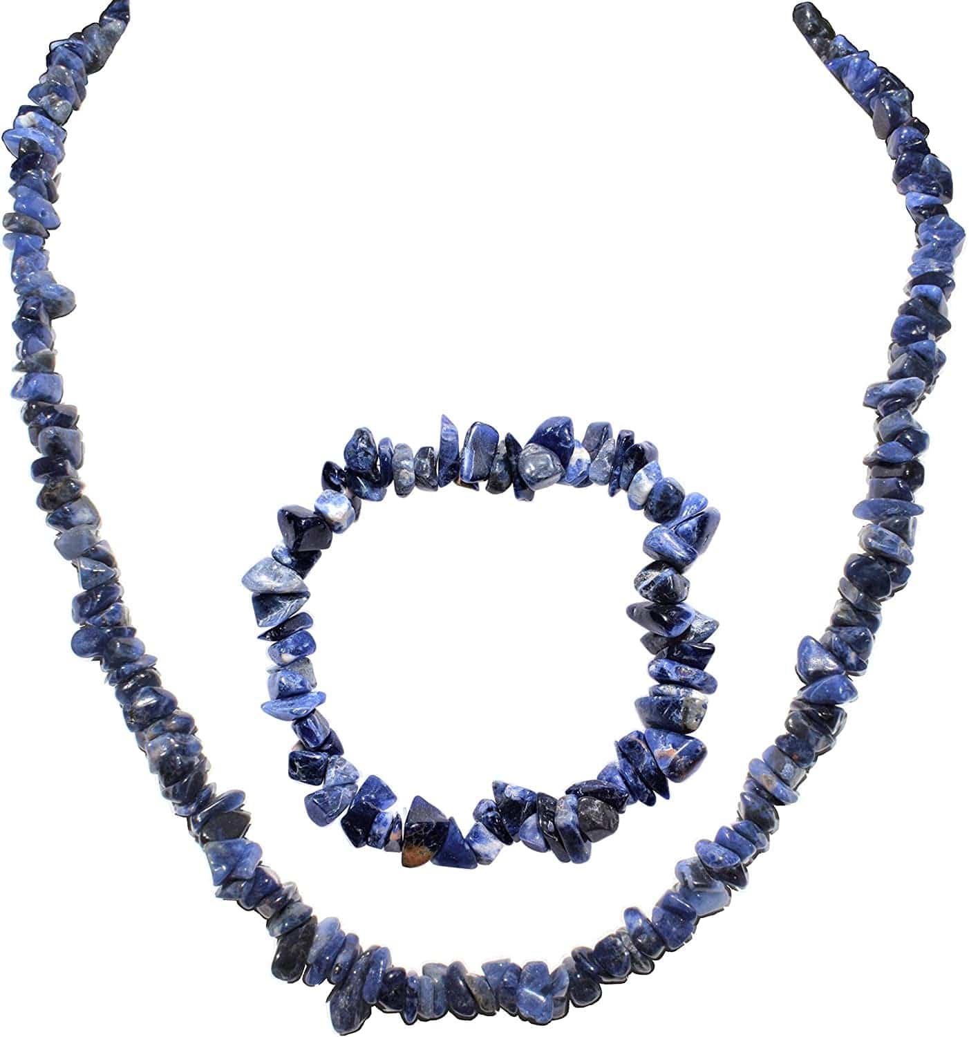 Premium Grade Himalayan Gemstone Crystal Chip Jewelry Set + Selenite Heart Charging Crystal (18" Necklace, 7" Bracelet, 2" Earrings) [Selenite Charged] sodalite