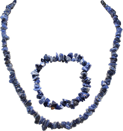 Premium Grade Himalayan Gemstone Crystal Chip Jewelry Set + Selenite Heart Charging Crystal (18" Necklace, 7" Bracelet, 2" Earrings) [Selenite Charged] sodalite
