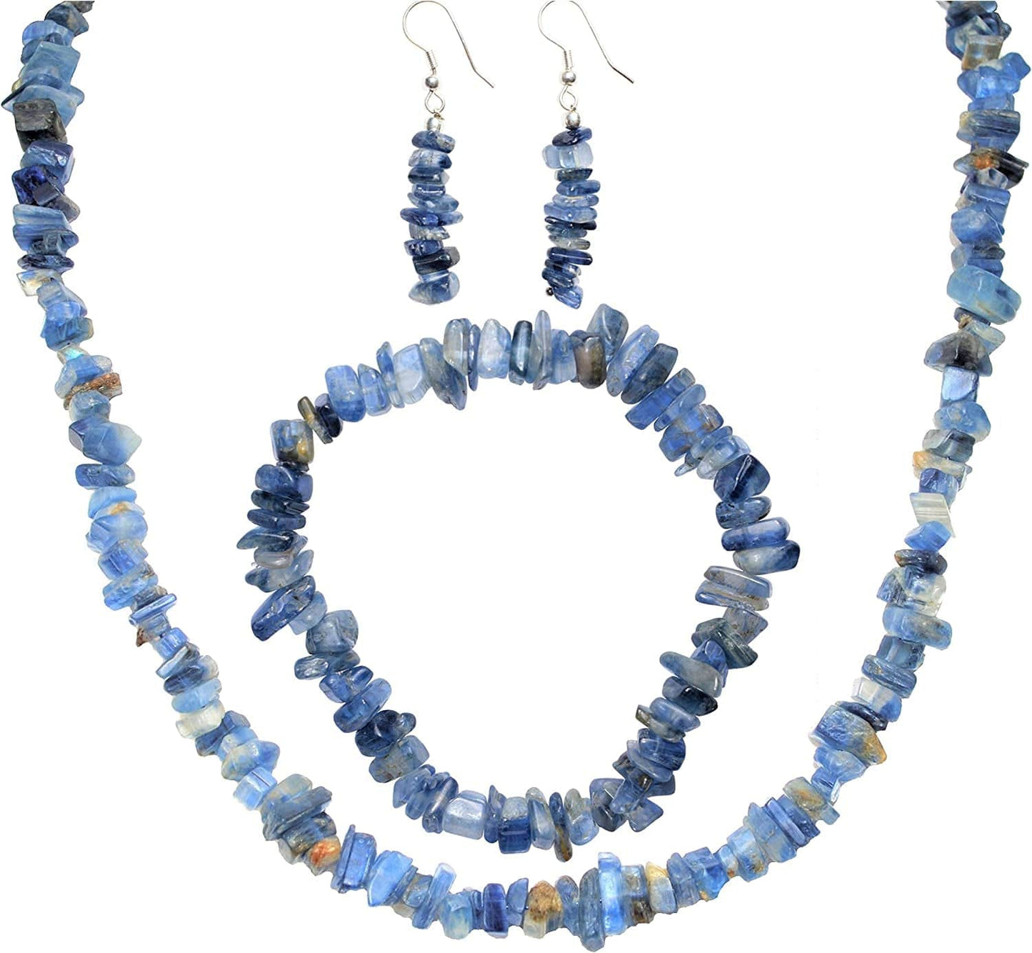 Premium Grade Himalayan Gemstone Crystal Chip Jewelry Set + Selenite Heart Charging Crystal (18" Necklace, 7" Bracelet, 2" Earrings) [Selenite Charged] kyanite