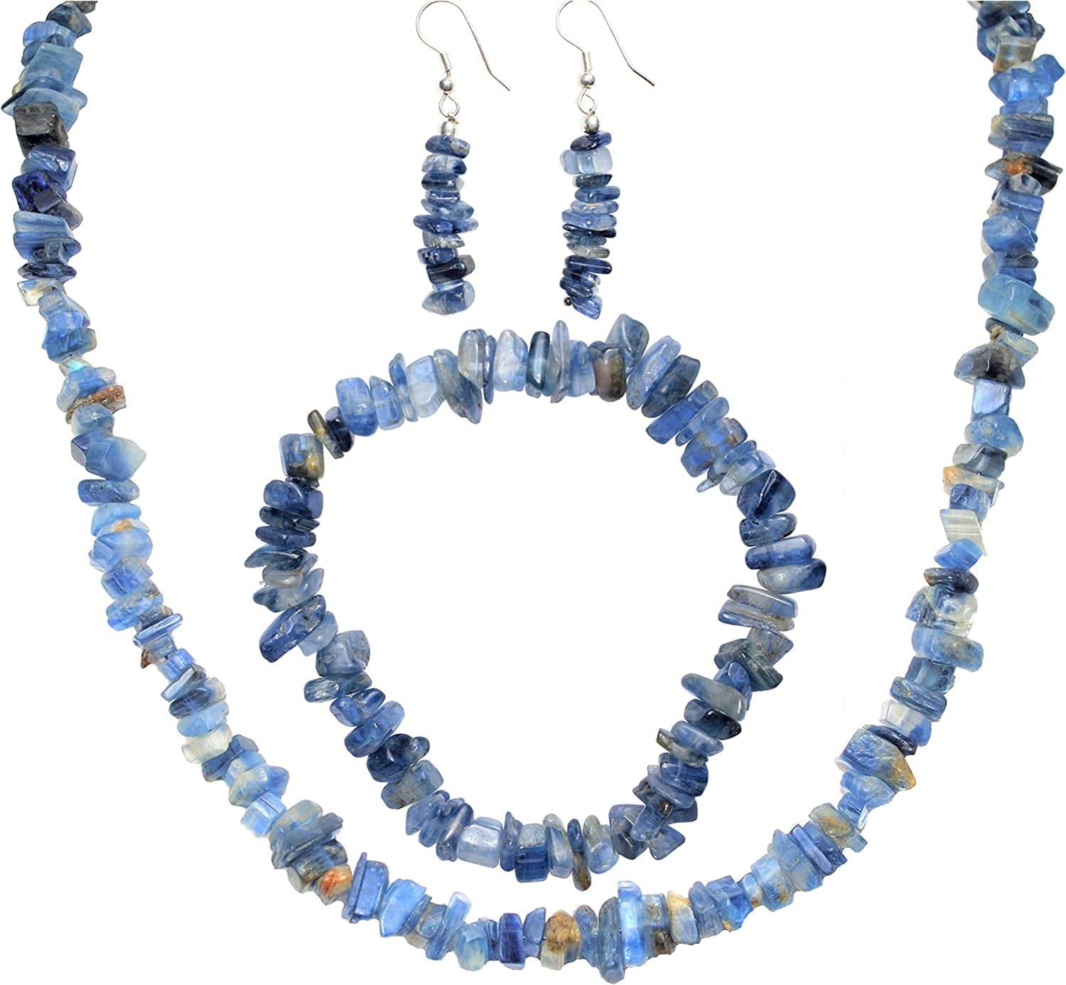 Premium Grade Himalayan Gemstone Crystal Chip Jewelry Set + Selenite Heart Charging Crystal (18" Necklace, 7" Bracelet, 2" Earrings) [Selenite Charged] kyanite