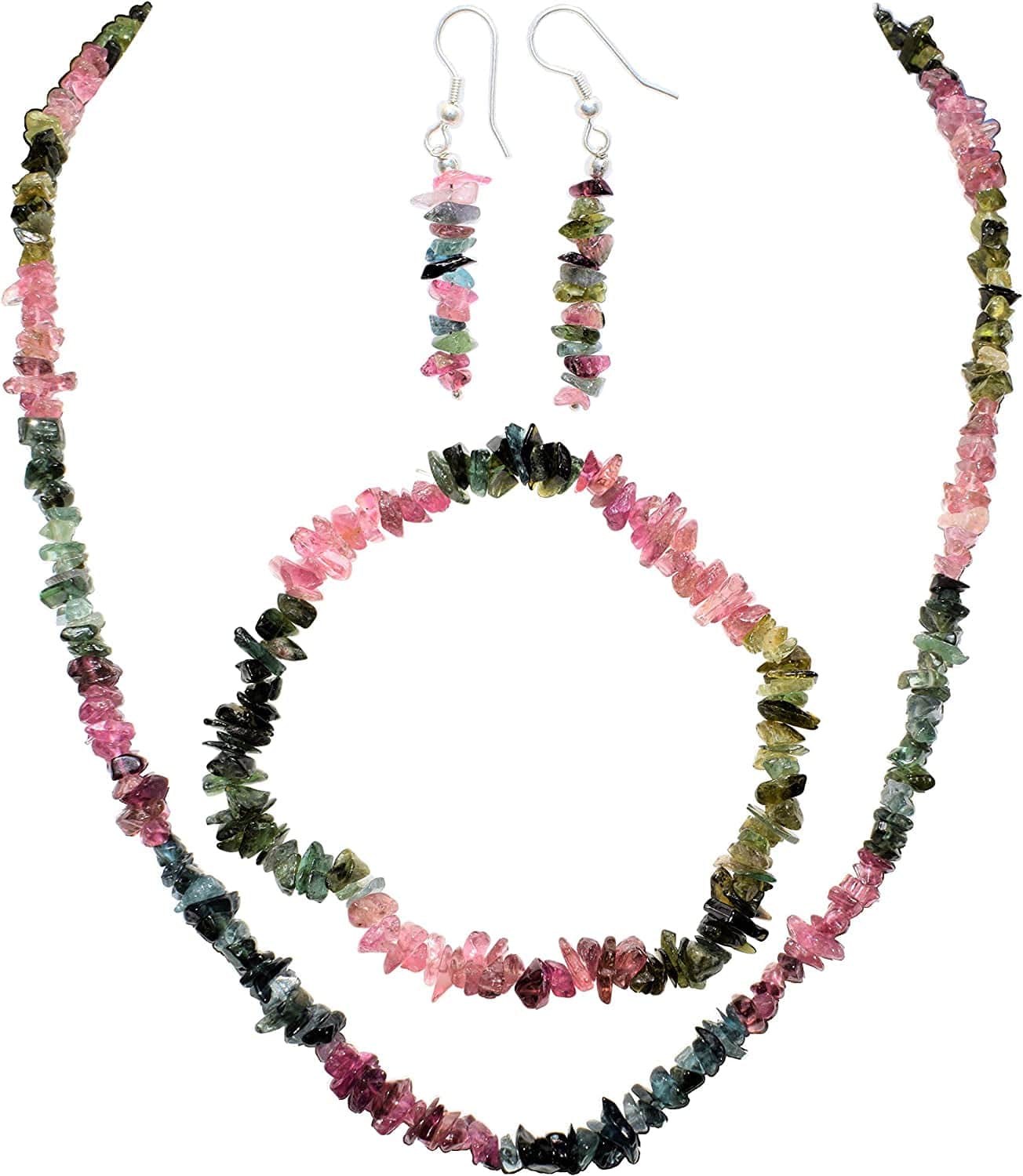 Premium Grade Himalayan Gemstone Crystal Chip Jewelry Set + Selenite Heart Charging Crystal (18" Necklace, 7" Bracelet, 2" Earrings) [Selenite Charged] rainbow tourmaline