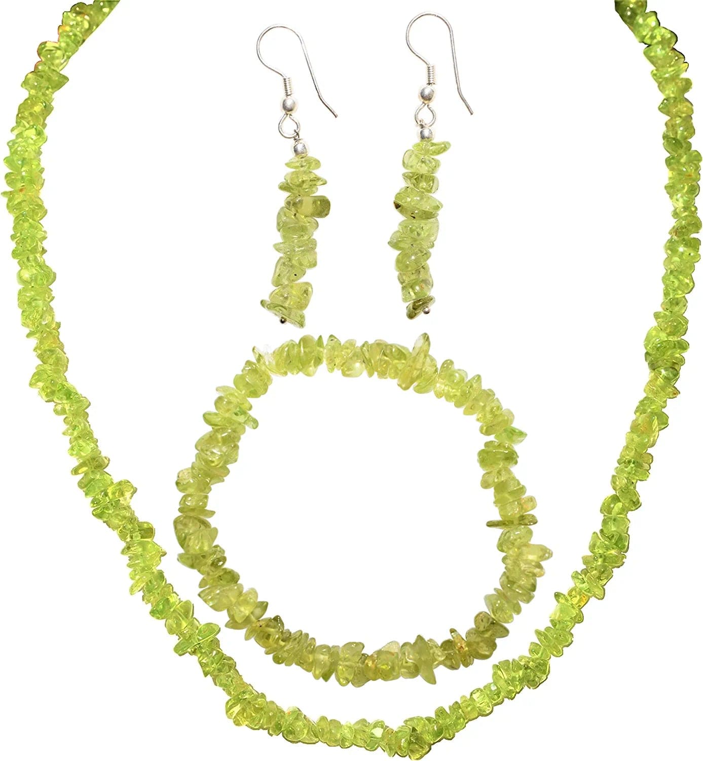 Premium Grade Himalayan Gemstone Crystal Chip Jewelry Set + Selenite Heart Charging Crystal (18" Necklace, 7" Bracelet, 2" Earrings) [Selenite Charged] Peridot