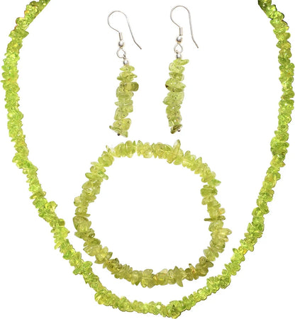 Premium Grade Himalayan Gemstone Crystal Chip Jewelry Set + Selenite Heart Charging Crystal (18" Necklace, 7" Bracelet, 2" Earrings) [Selenite Charged] Peridot