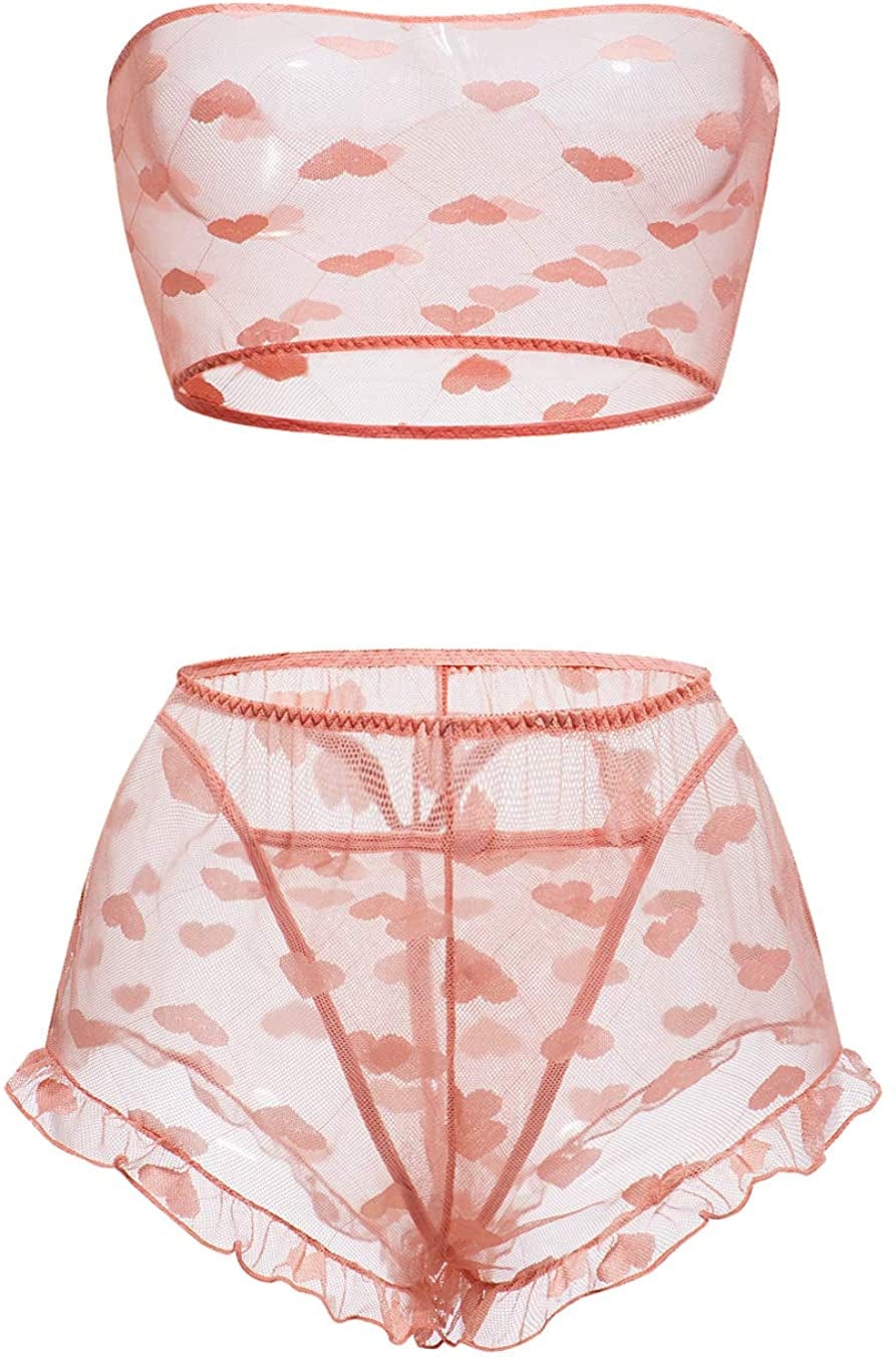 Pretishows Women'S Lingerie Set Stretchy Lace Bandeau Bra Underwear Set Size S-XXL Pink / X-Large