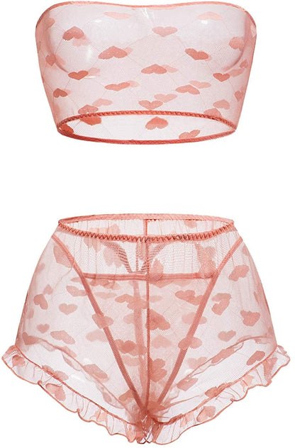 Pretishows Women'S Lingerie Set Stretchy Lace Bandeau Bra Underwear Set Size S-XXL Pink / X-Large