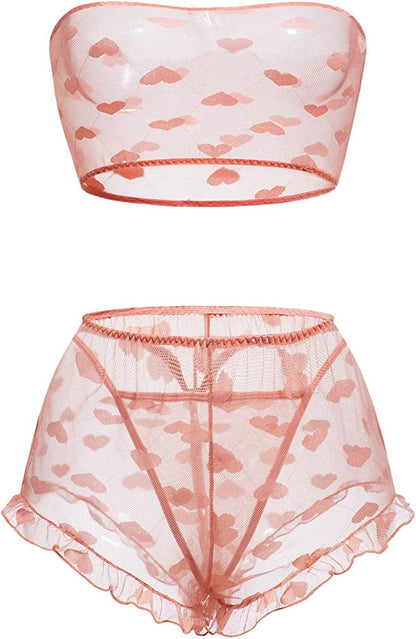 Pretishows Women'S Lingerie Set Stretchy Lace Bandeau Bra Underwear Set Size S-XXL Pink / Medium