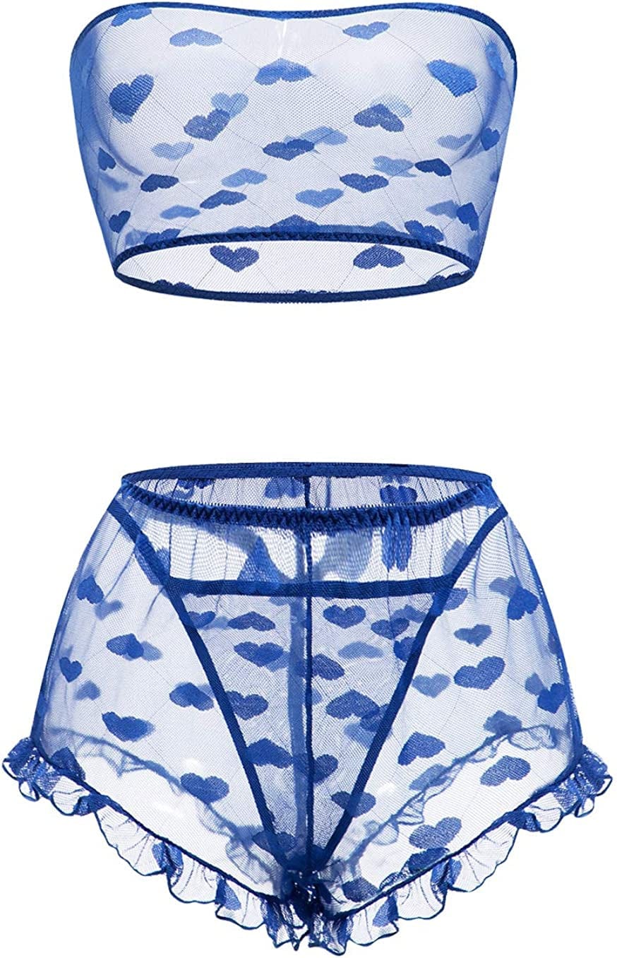 Pretishows Women'S Lingerie Set Stretchy Lace Bandeau Bra Underwear Set Size S-XXL Blue / Medium