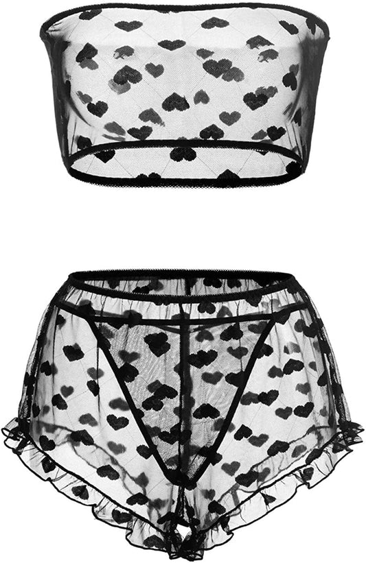 Pretishows Women'S Lingerie Set Stretchy Lace Bandeau Bra Underwear Set Size S-XXL Black / Medium