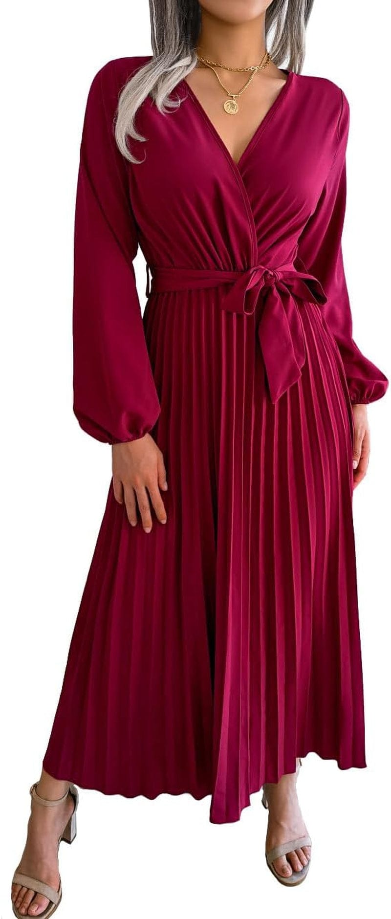 PRETTYFATE Women'S Wrap Dress Casual Long Sleeve Cross V Neck a Line Pleated Midi Dresses with Belt Wine Red / Small