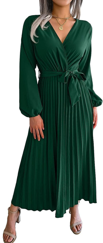 PRETTYFATE Women'S Wrap Dress Casual Long Sleeve Cross V Neck a Line Pleated Midi Dresses with Belt Darkgreen / X-Large