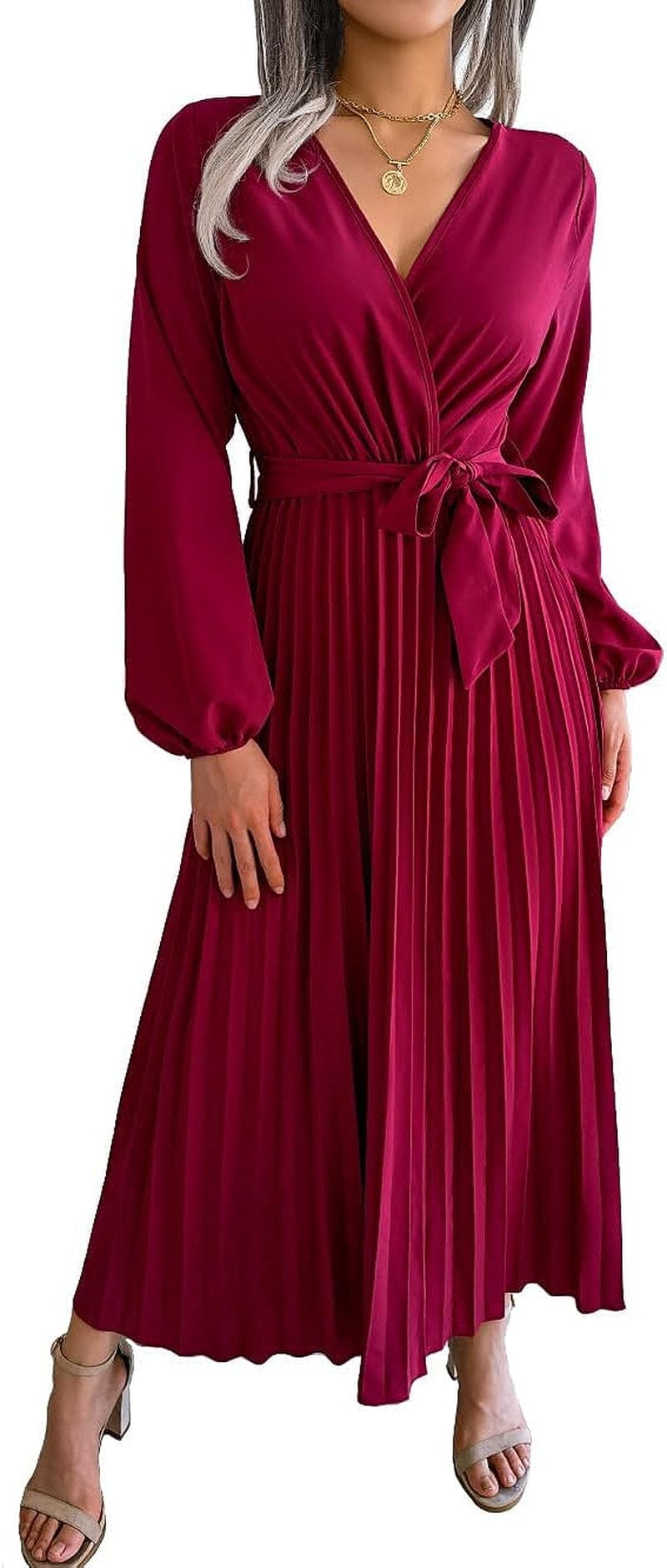 PRETTYFATE Women'S Wrap Dress Casual Long Sleeve Cross V Neck a Line Pleated Midi Dresses with Belt Wine Red / Medium