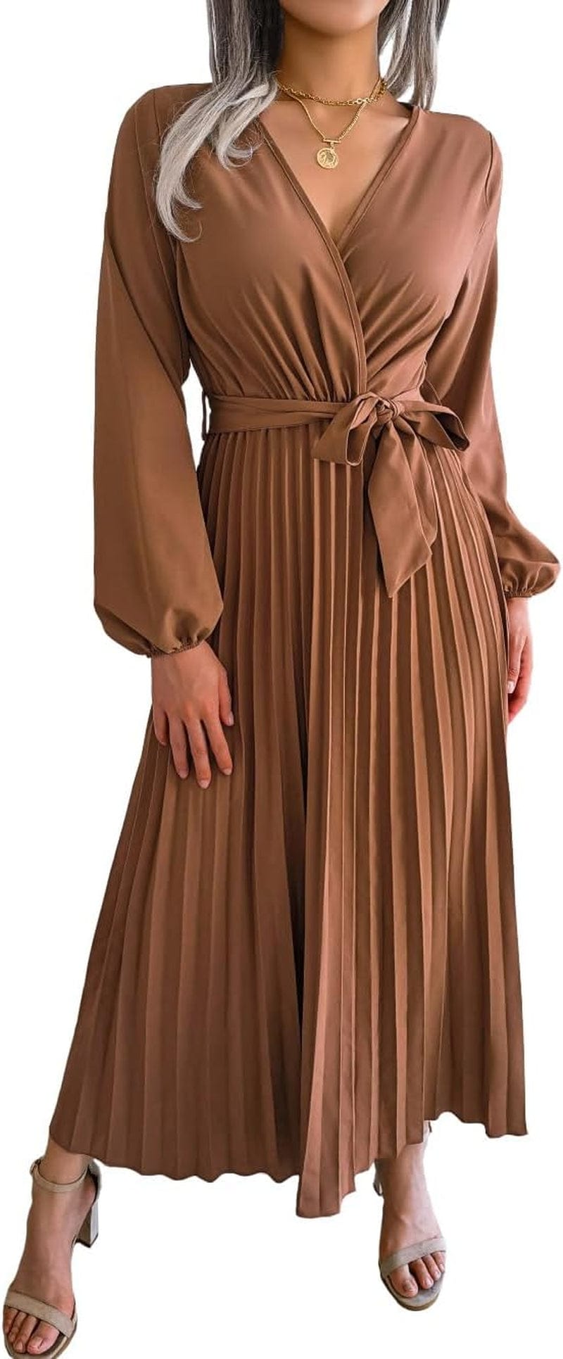 PRETTYFATE Women'S Wrap Dress Casual Long Sleeve Cross V Neck a Line Pleated Midi Dresses with Belt Brown / Small