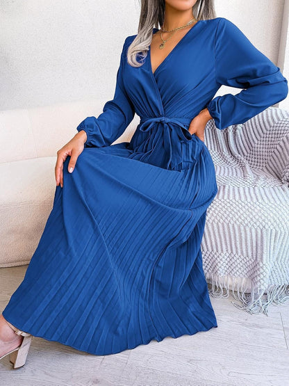 PRETTYFATE Women'S Wrap Dress Casual Long Sleeve Cross V Neck a Line Pleated Midi Dresses with Belt