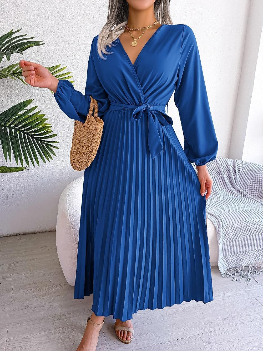 PRETTYFATE Women'S Wrap Dress Casual Long Sleeve Cross V Neck a Line Pleated Midi Dresses with Belt