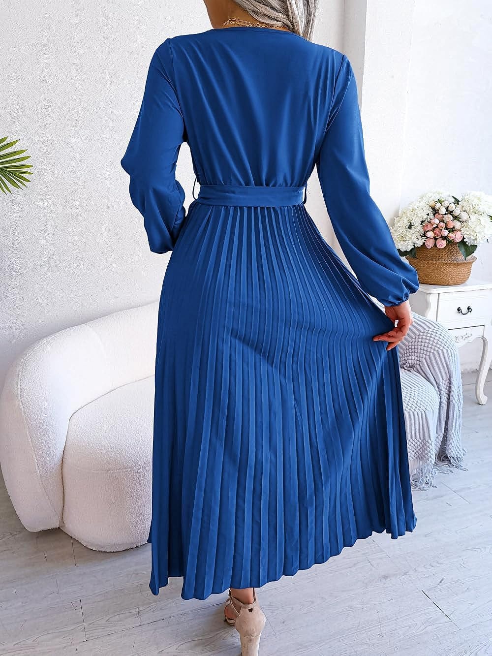 PRETTYFATE Women'S Wrap Dress Casual Long Sleeve Cross V Neck a Line Pleated Midi Dresses with Belt