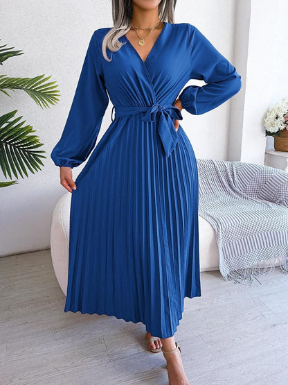 PRETTYFATE Women'S Wrap Dress Casual Long Sleeve Cross V Neck a Line Pleated Midi Dresses with Belt